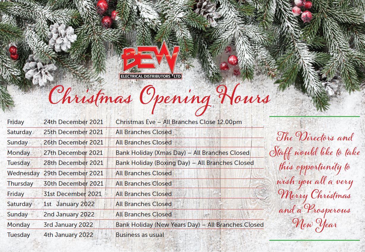 Christmas 2021 opening hours at BEW branches